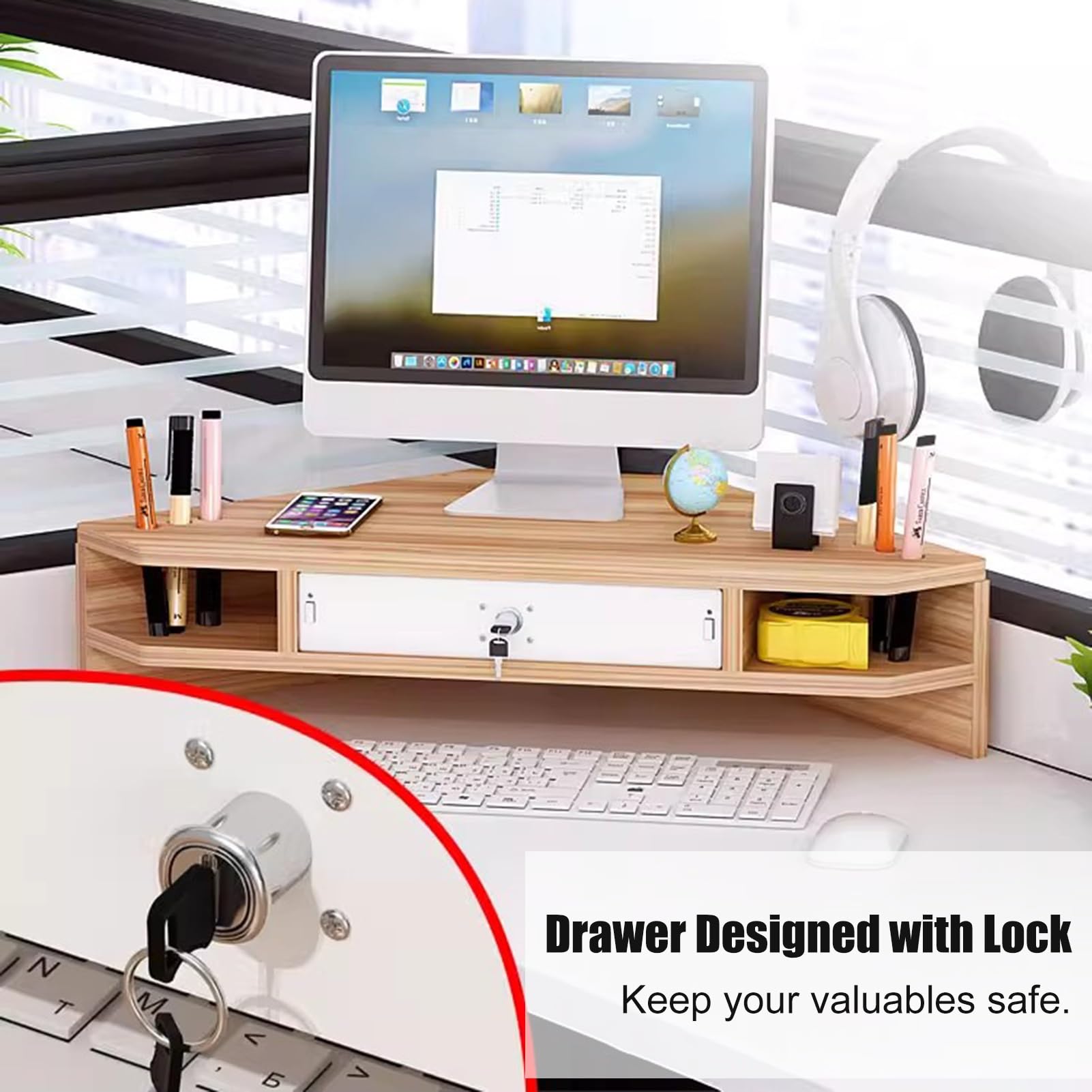 Supporto angolare per monitor a 2 livelli, triangolare, con cassetto, ergonomico, per scrivania, in legno naturale