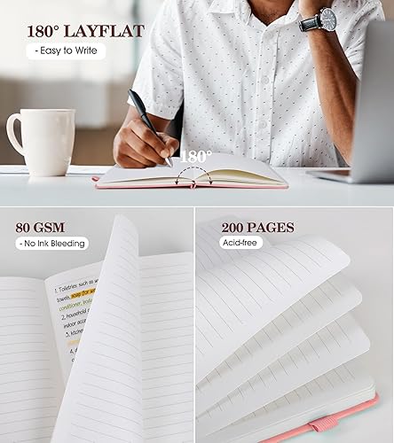 Miniatura 4 de Cuaderno de diario rayado para mujeres, A5 de tapa dura de cuero rosa para escribir, 200 páginas gruesas, diario de viaje diario, cuaderno rayado