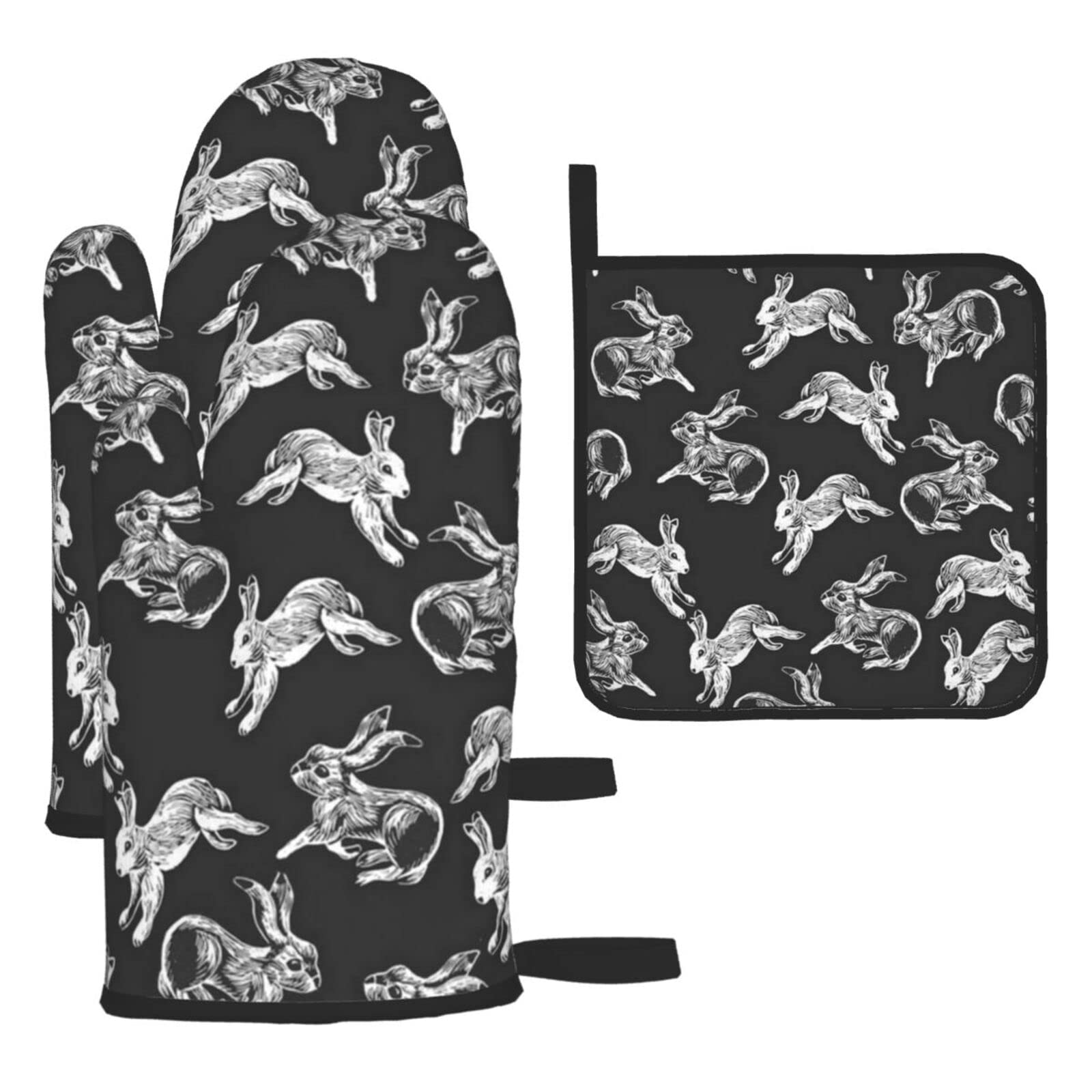Bunny Rabbit Printed Kitchen Baking Three-Piece Heat-Resistant Thick Cotton Oven Gloves for Cooking and Baking.