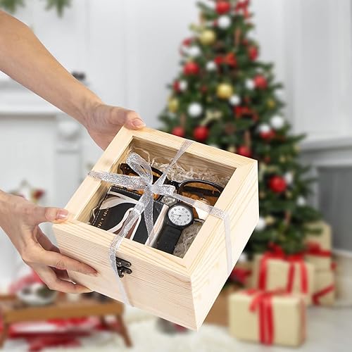 Miniatura 7 de Useekoo Caja de exhibición de madera sin terminar con tapa con bisagras superior de cristal, 7.9 x 7.9 x 4.7 pulgadas, caja de almacenamiento de