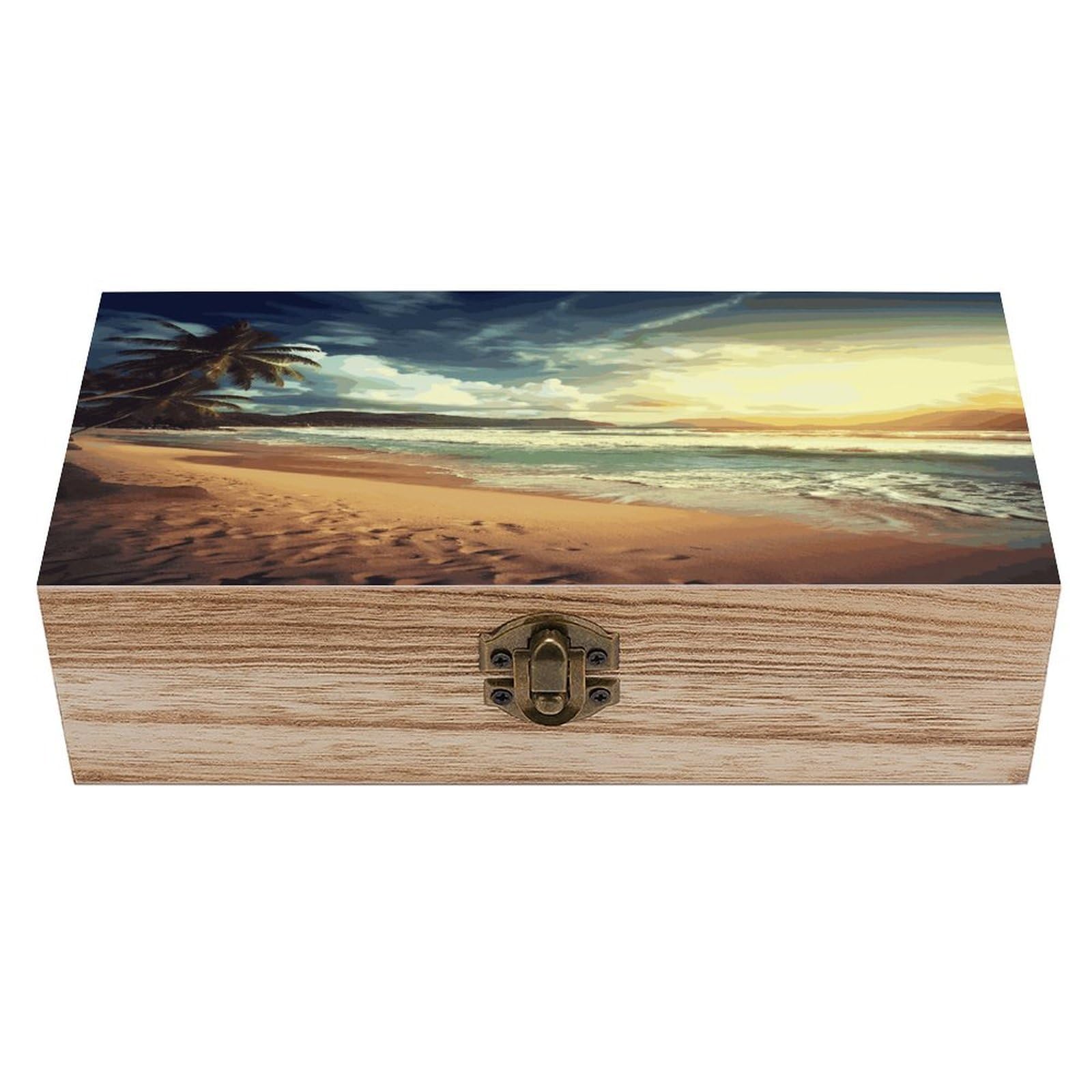 FekiLoot Sunset on The Beach Wooden Jewelry Box Personalized Wood Keepsake Box Large Decorative Wooden Storage Boxes with Hinged Lid Rustic Style Wood Jewelry Organizer for Desk Home Office