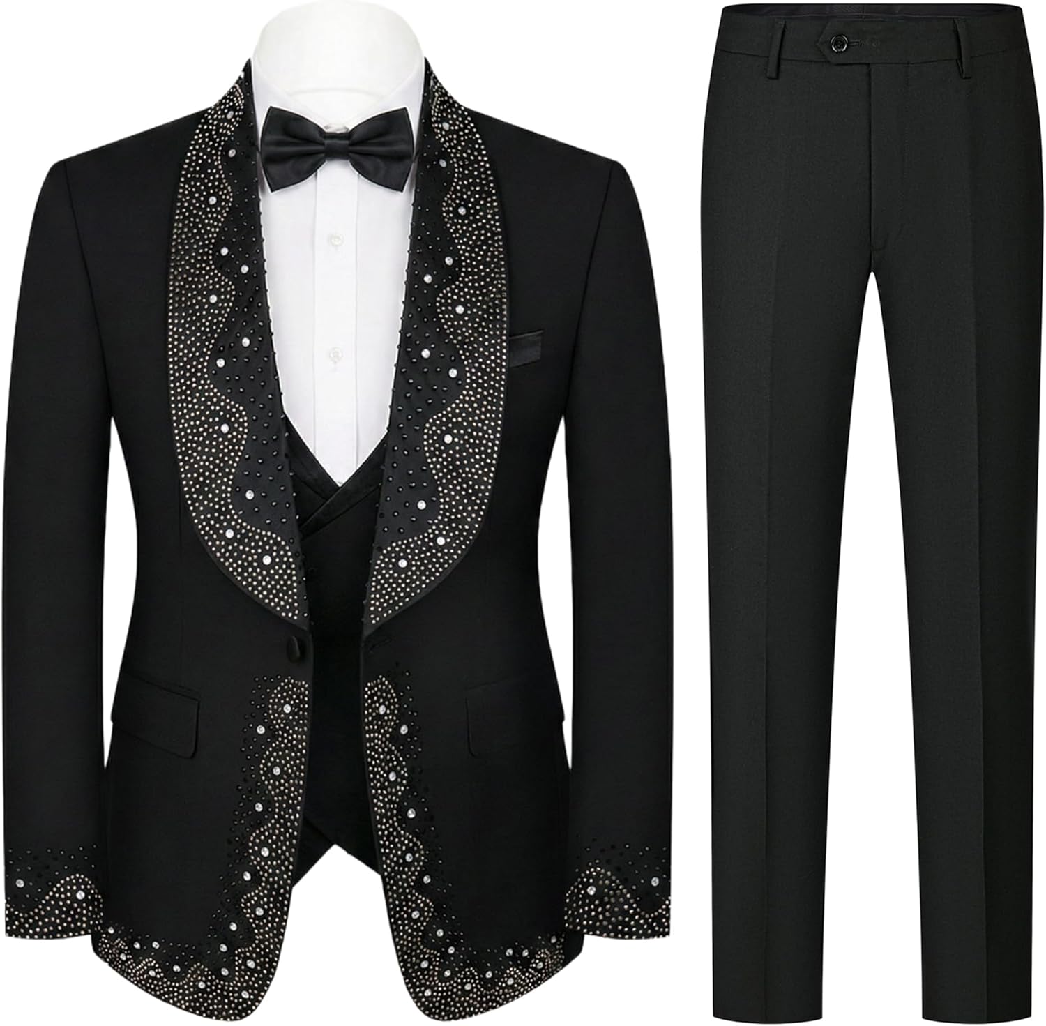 Mens 3 Pieces Tuxedo Hotfix Rhinestones Embellished Slim Fit Suit Blazer Vest Pants Shawl Lapel Prom Banquet Wedding