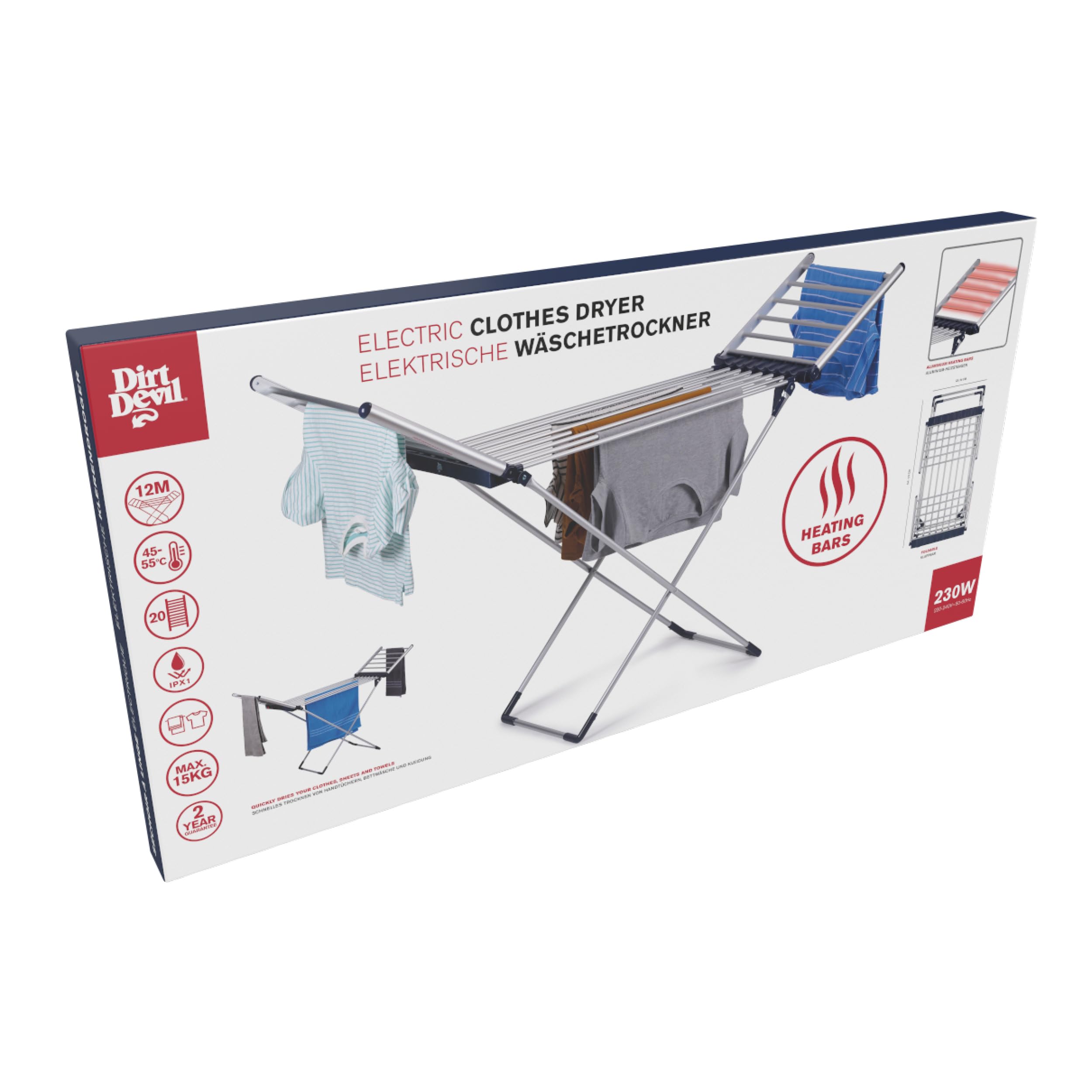 Dirt Devil Wäscheständer Beheizbar DD6003 – Trockenstab - Badheizkörper - Standtrockner 230W – Hochständer Wäschständer – 12 m Trockenlänge - Beheizbarer Wäscheständer IPX1 Schutz - Aluminium