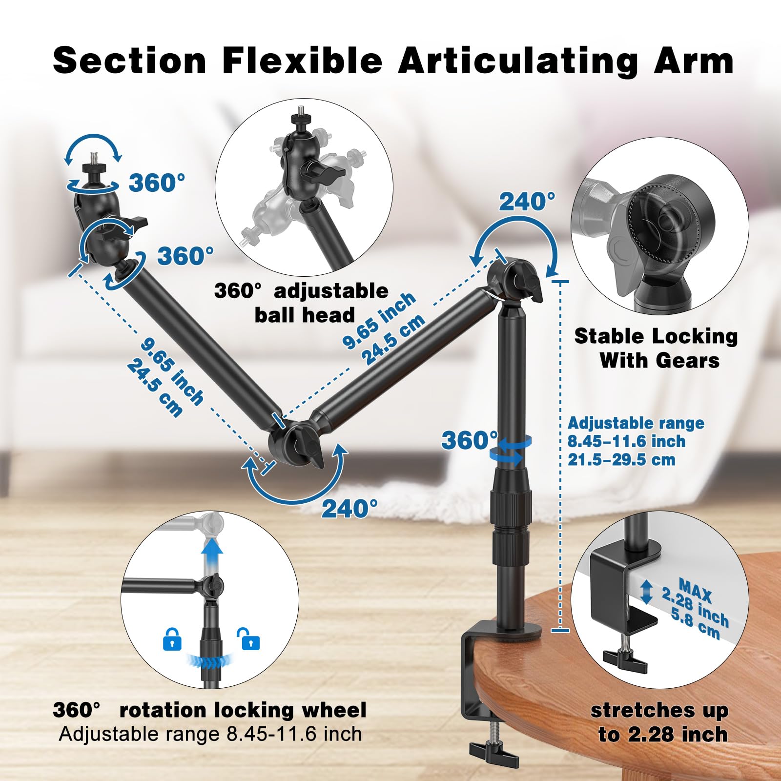 Supporto per webcam da 78,5 cm con viti da 1/4", morsetto a C regolabile a 360°, braccio per microfono per DSLR Kameras, Ringlight, proiettore, webcam, microfono