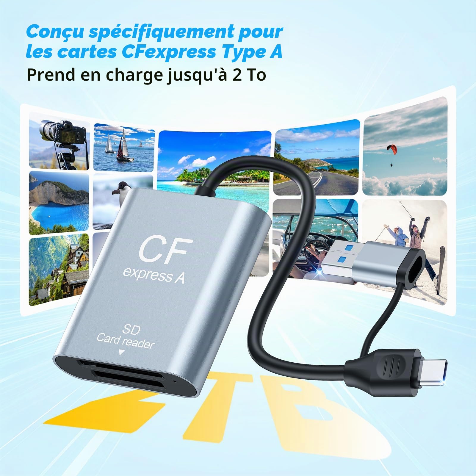 USB3.2 Gen2 10Gbit/s Lecteur de Carte CFexpress Type A et SD, 2 en 1 USB-C et USB-A Lecteur de Carte Mémoire CF Express Type A,CFexpress Type A & SD Card Reader pour Windows/Mac/Linux/Android