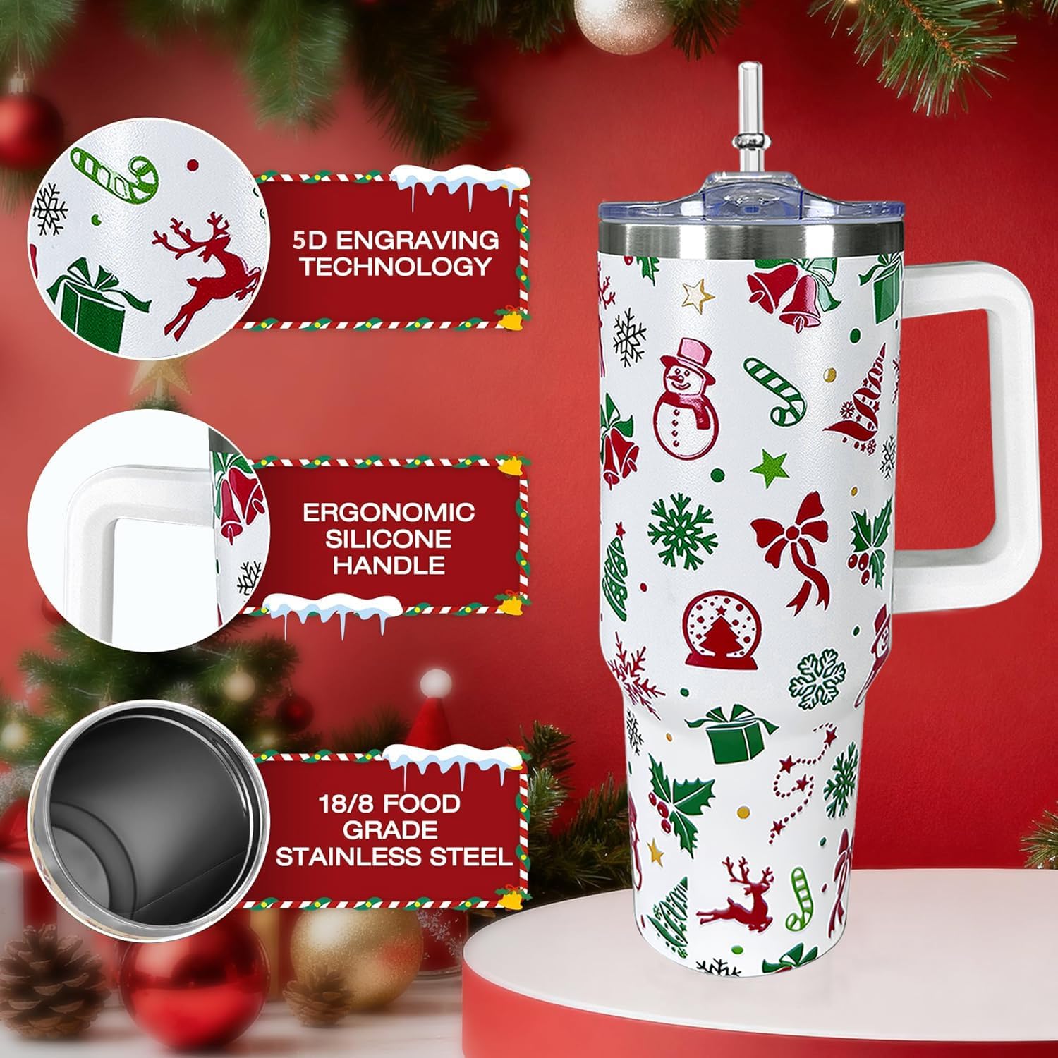 40 oz Christmas Tumbler With Handle Lid and Straw,5D Snowman Snowflake Elk Print Stainless Steel Insulated Travel Mug Xmas Coffee Cup Gifts for Men Women - Image 7