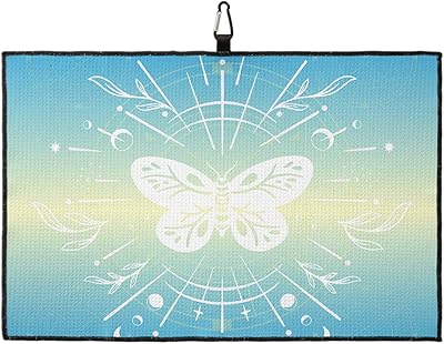 OComster Butterfly Golf Towel with Carabiner Clip, Sun Moon Star White Line Blue Ombre Microfiber Waffle Pattern Golf Towel, Golf Accessories for Cleaning Clubs and Balls, 24x16 in