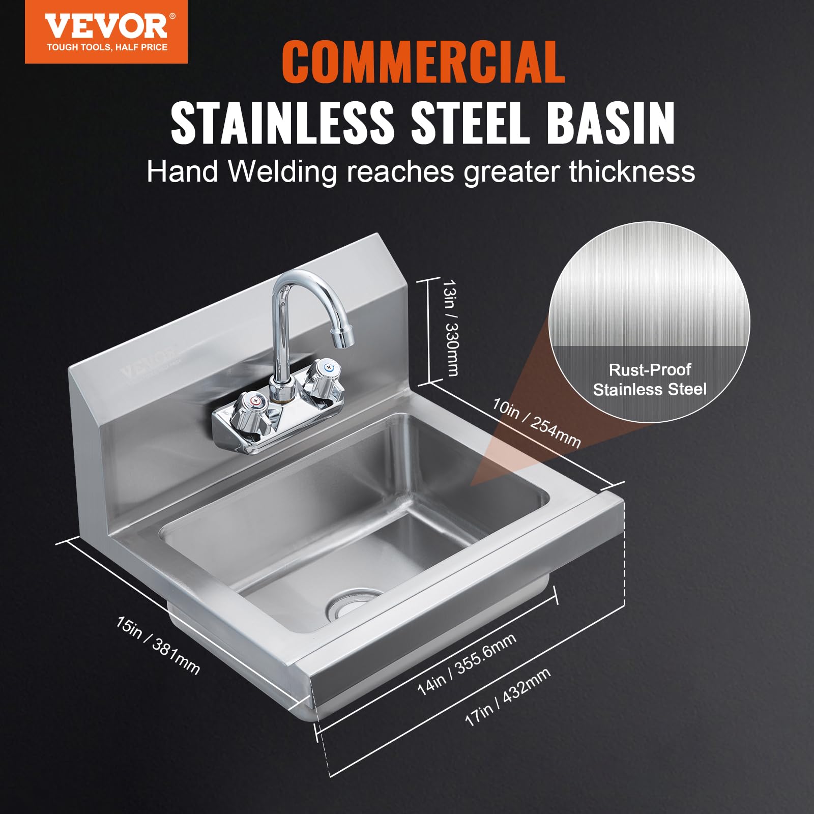 VEVOR Lavamanos con grifo y protector contra salpicaduras Fregadero de pared o empotrado 432x381x330mm Fregadero de acero inoxidable sin fugas Lavabo empotrado para restaurante Baño Inodoro Cocina Bar