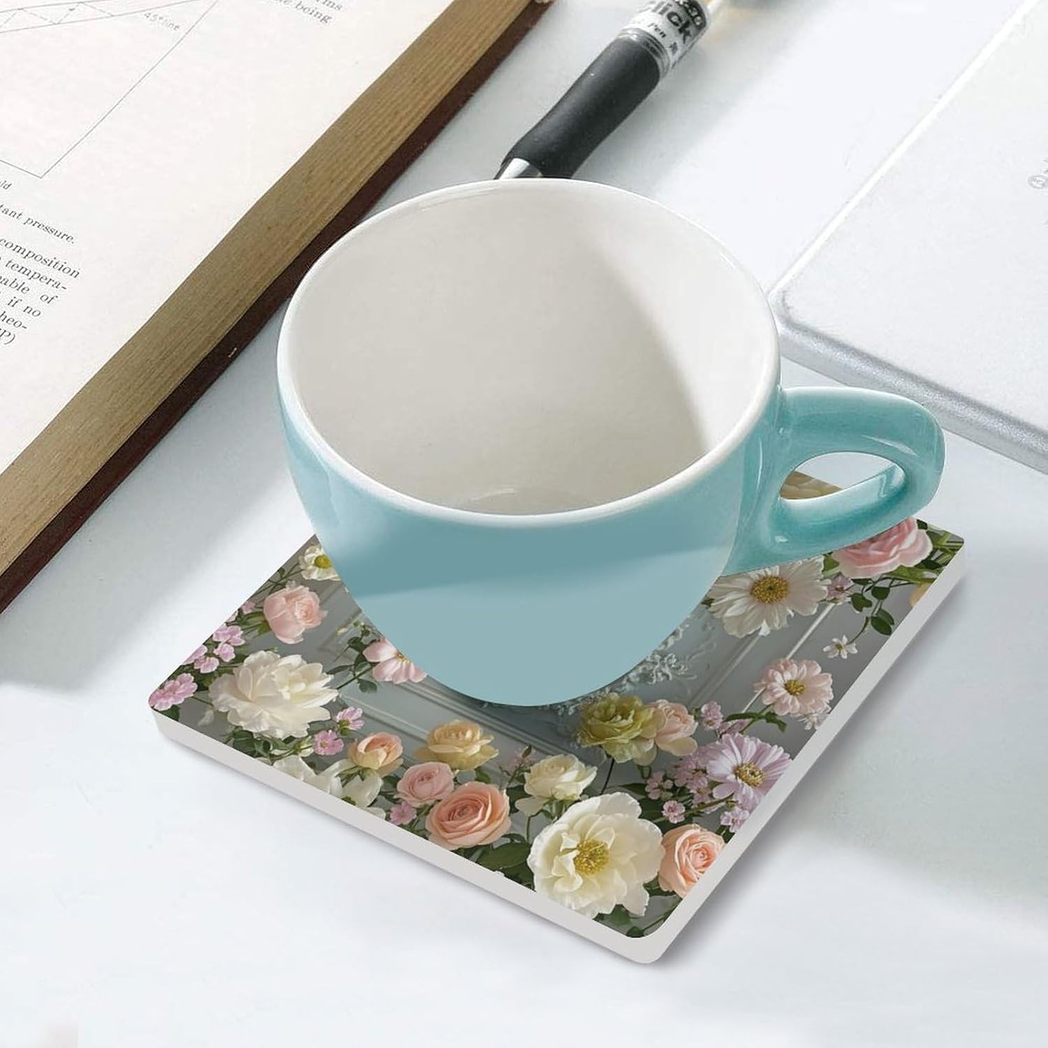 Shabby Chic Flowers Coasters Absorbent Ceramic Coasters for Drinks Coaster with Cork Backing for Table Protection Square Drink Cup Mat Modern Style Coaster for Coffee Table