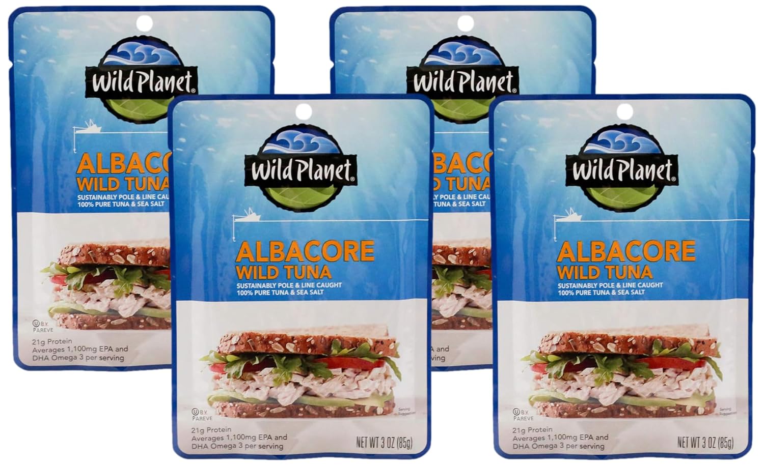 Wild Planet Wild Albacore Tuna, Sea Salt, Sustainably Wild-Caught, Kosher, Gluten Free, Keto and Paleo, 3rd Party Mercury Tested, 3 Ounce Pouch (Pack of 4)