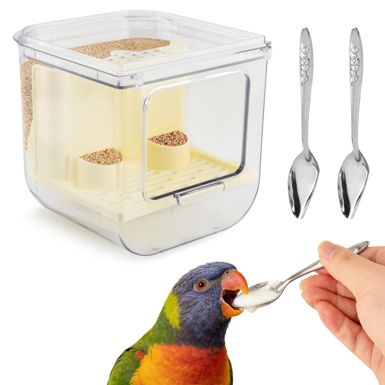 Photo 1 of Automatic Bird Feeder with 2 Spoons, No Mess Bird Feeder for Cage, Transparent Bi-rd Cage Accessories for Parakeet Canary Cockatiel Finch(Color:White)