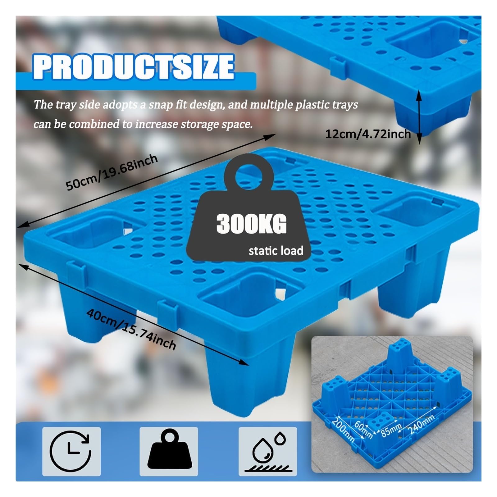 Pallet in plastica da 4 pezzi per stoccaggio nel seminterrato, tappetino per stoccaggio di merci, tappetini per griglia di spedizione inseribili per stoccaggio impermeabile per magazzino agricoltura