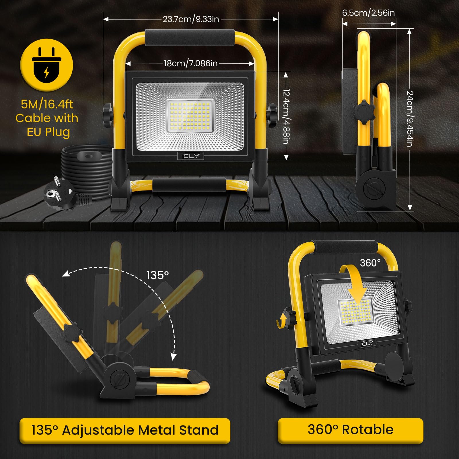 CLY Lampe Chantier 60W 5200LM Projecteur Chantier Led 6500K IP66 Câble 5M | Baladeuse Led Portable Lampe LED Portable Lampe de Travail Lanterne avec Rotation à 180° pour Atelier Garage Bricolage