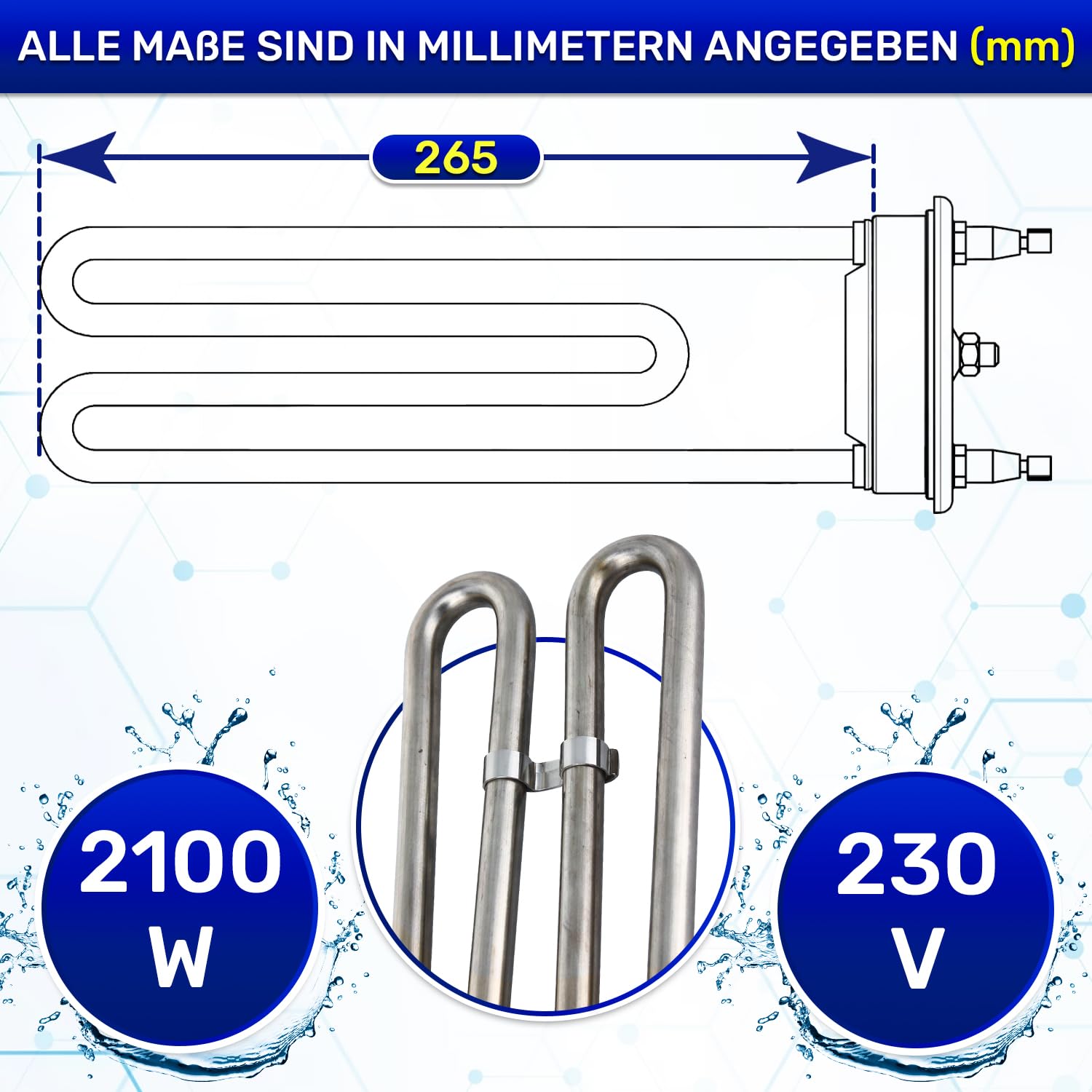 MONTERAL Heizstab Waschmaschine 2100W 230V ohne Flansch mit Dichtungen mit Originalcode 6260485 6260482 6260483 für Miele - Garantie 10 Jahre