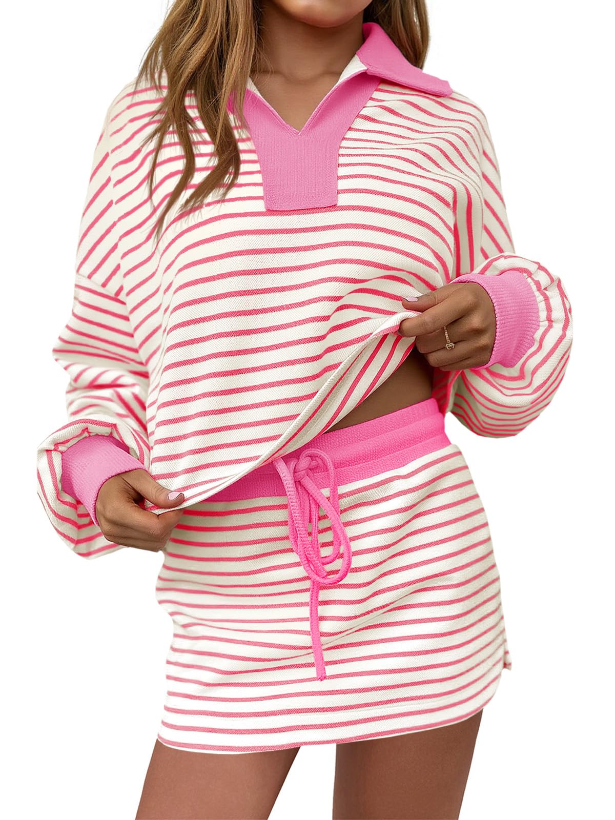 Fisoew Womens Striped 2 Piece Outfits Casual Sweatshirt Skirt Set Long Sleeve Skort Workout Set Matching Lounge Sets