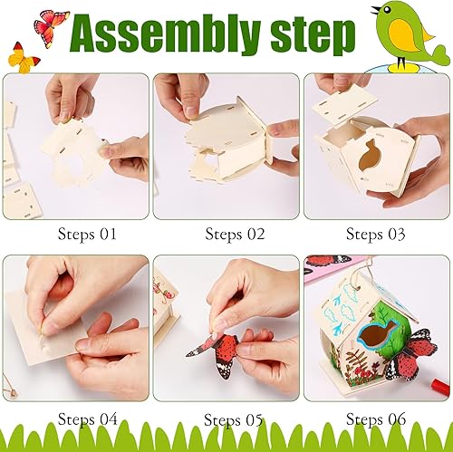 Miniatura 3 de Outus 24 Pieces Wooden Bird House Kits Bulk Birdhouse Craft Kits for Kids to Build DIY 4 Shapes Unfinished Bird House with Watercolor Pen and