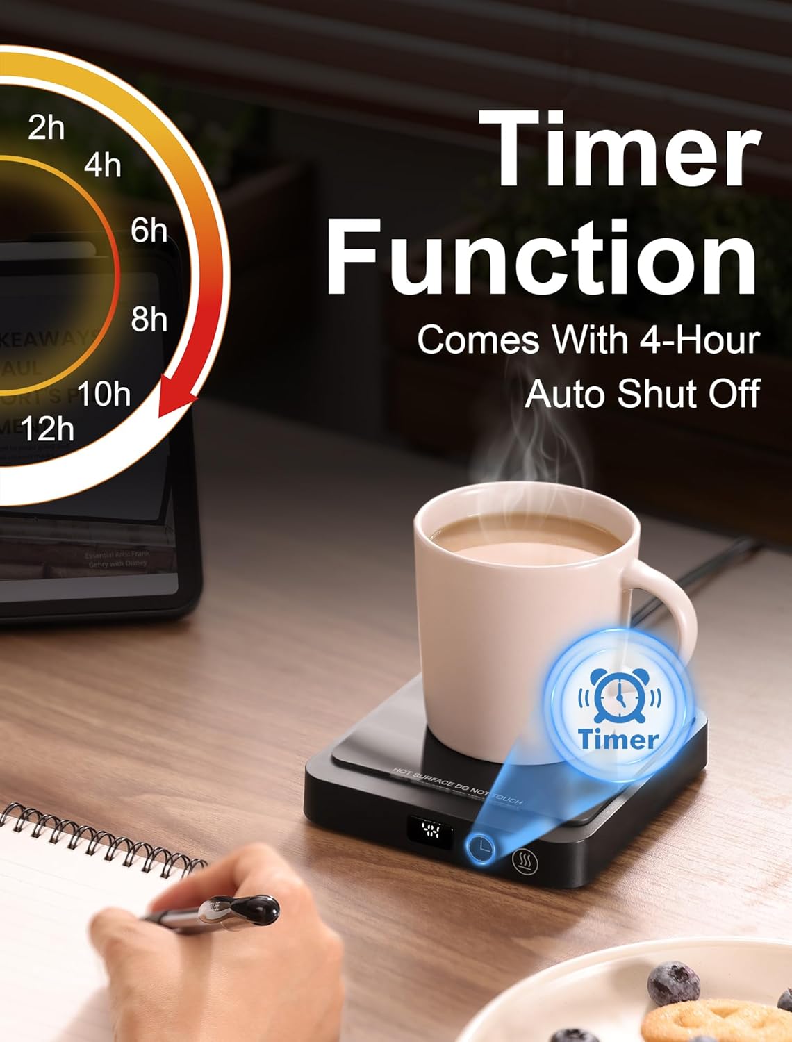 RIGSTNE Mug Warmer showing its timer function with options from 2 to 12 hours, and a 4-hour auto shut-off feature.
