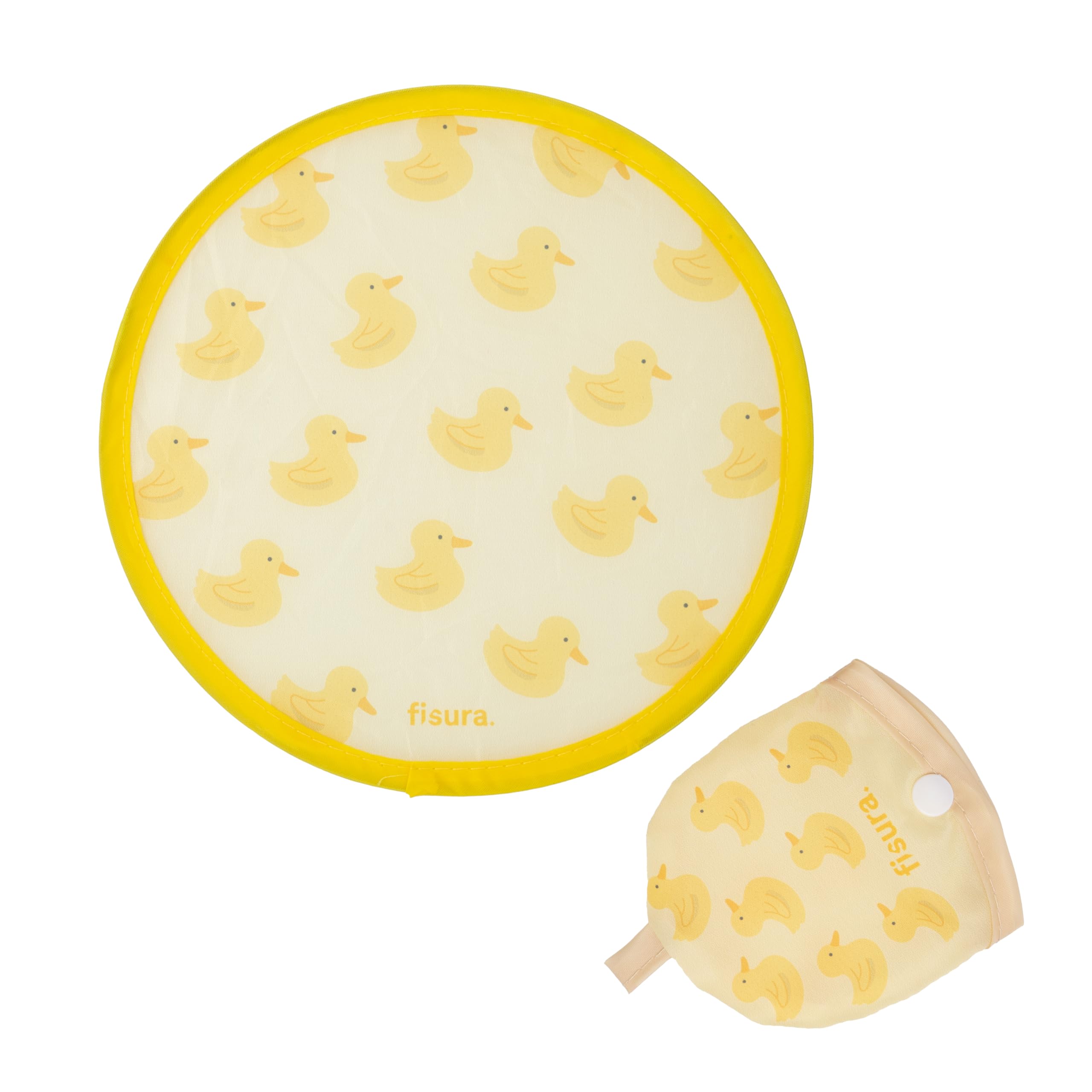 Fisura – Folding Round Fan Duck. Original Handheld folding fan. Yellow Frisbee with Duck Print. 1 unit. Portable Gift for Parties. 20 cm.