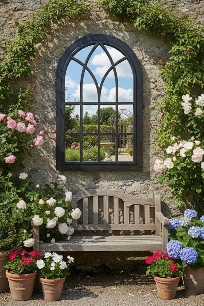 Deenz Black Arched Window Style Soho Mirror Gothic Design Plastic Frame Wall Mounted Indoor/Outdoor Elegant Hallway Furniture Décor 73.5X48.5x2.5 Cm
