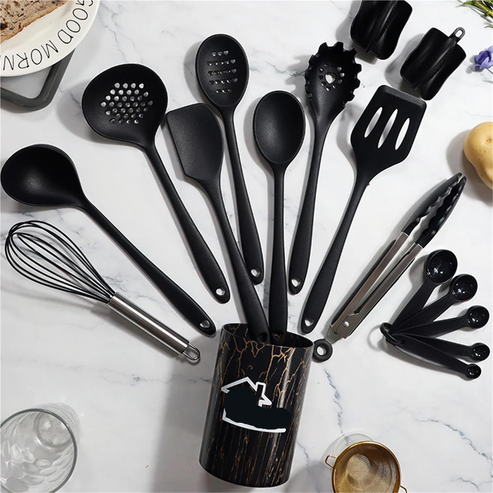 Set Utensili Da Cucina In Silicone Rosa 18 pezzi utensili da cucina in silicone alimentare spatola Turner misurino pratico(White)