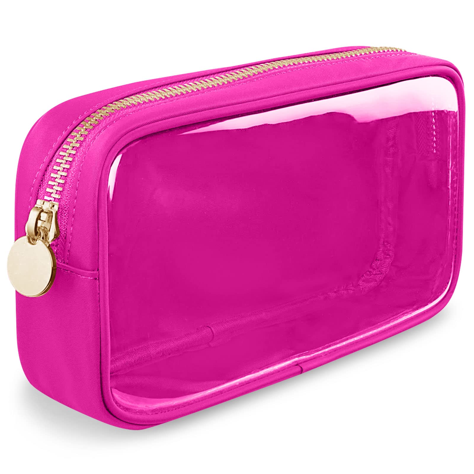 Small Clear Travel Makeup Organizer Bag for Purse, Preppy Makeup Bag Cute Cosmetic Zipper Pouch Purse, Transparent PVC & Nylon Waterproof Toiletry Storage Clutch Coin Pouch for Women Girls(Hot Pink),