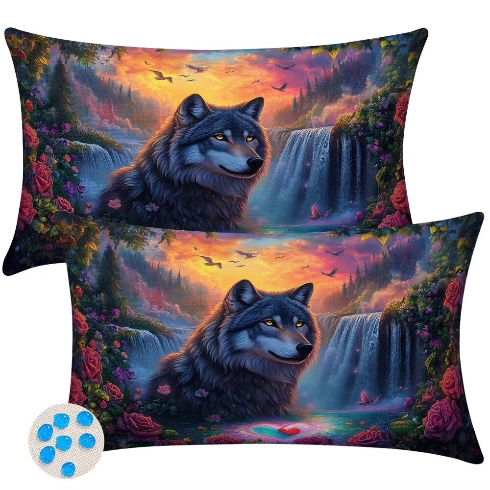Outdoor Cushions Waterproof Cushion Covers 35cm x 55cm Pack of 2 Waterfall Garden Cushion Cover Wolf Decorative Throw Pillow Covers 14 x 22 Inch Pillowcase for Garden Furniture Living Room -SC384