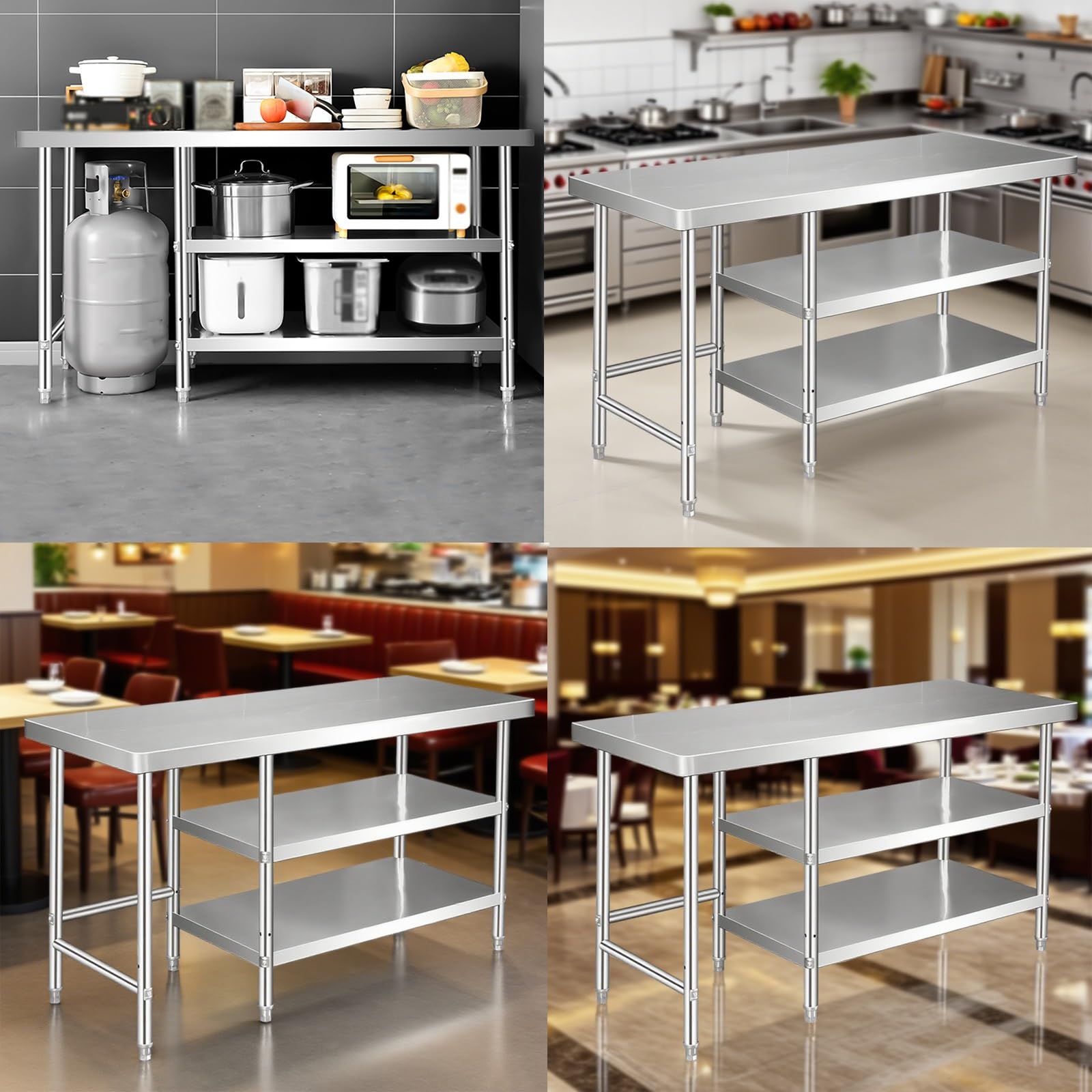Banco de Trabajo Comercial de 3 Niveles para Restaurante con Encimera de Acero Inoxidable de Grosor Reforzado Diseño con Esquinas Redondeadas Estructura Triangular Y Patas Ajustables
