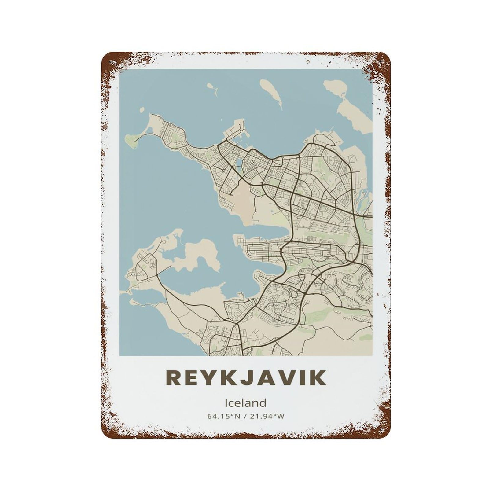Reykjavik City Map Rusty Metal Tin Sign 15.7"x11.8", Classic Wall Plaque for Pub, Kitchen And Man Cave Decor