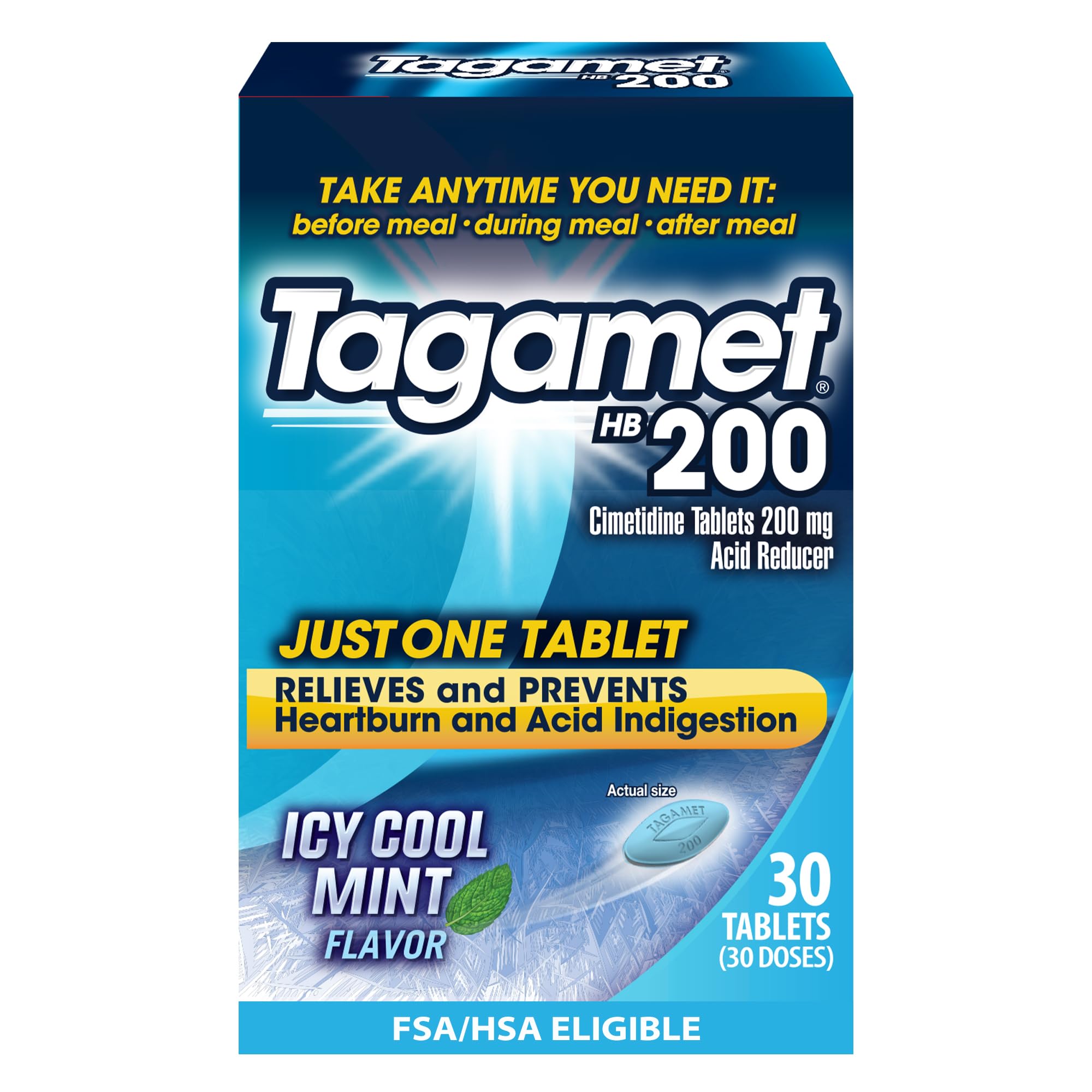 Tagamet HB 200 mg Cimetidine Acid Reducer and Heartburn Relief, Relieves and Prevents Indigestion, Icy Cool Mint Flavor, 30 Count