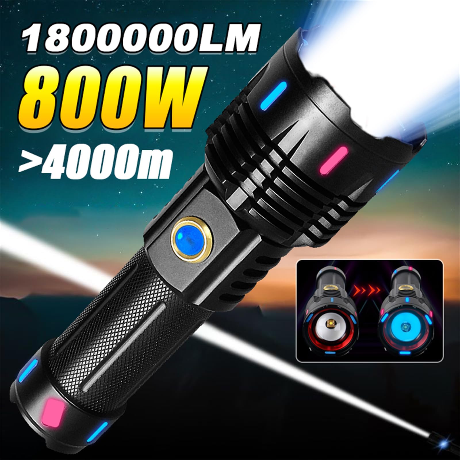 DazulI Linternas De Alto Lúmenes Recargables, Linternas LED De Alta Potencia Fluorescencia Potente Linterna 4000 M Recargable XHP360 Para Emergencia Camping Senderismo