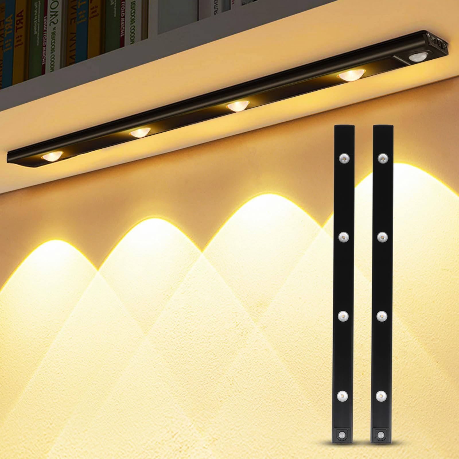 GARTO LED Under Cabinet Lights USB Rechargeable, Slim Closet Lights Motion Sensored Indoor, 4 Hill-Light Bulb Wireless Battery Powered Lighting for Counter Wardrob Kitchen (Black, 23.62in-2 Pack)