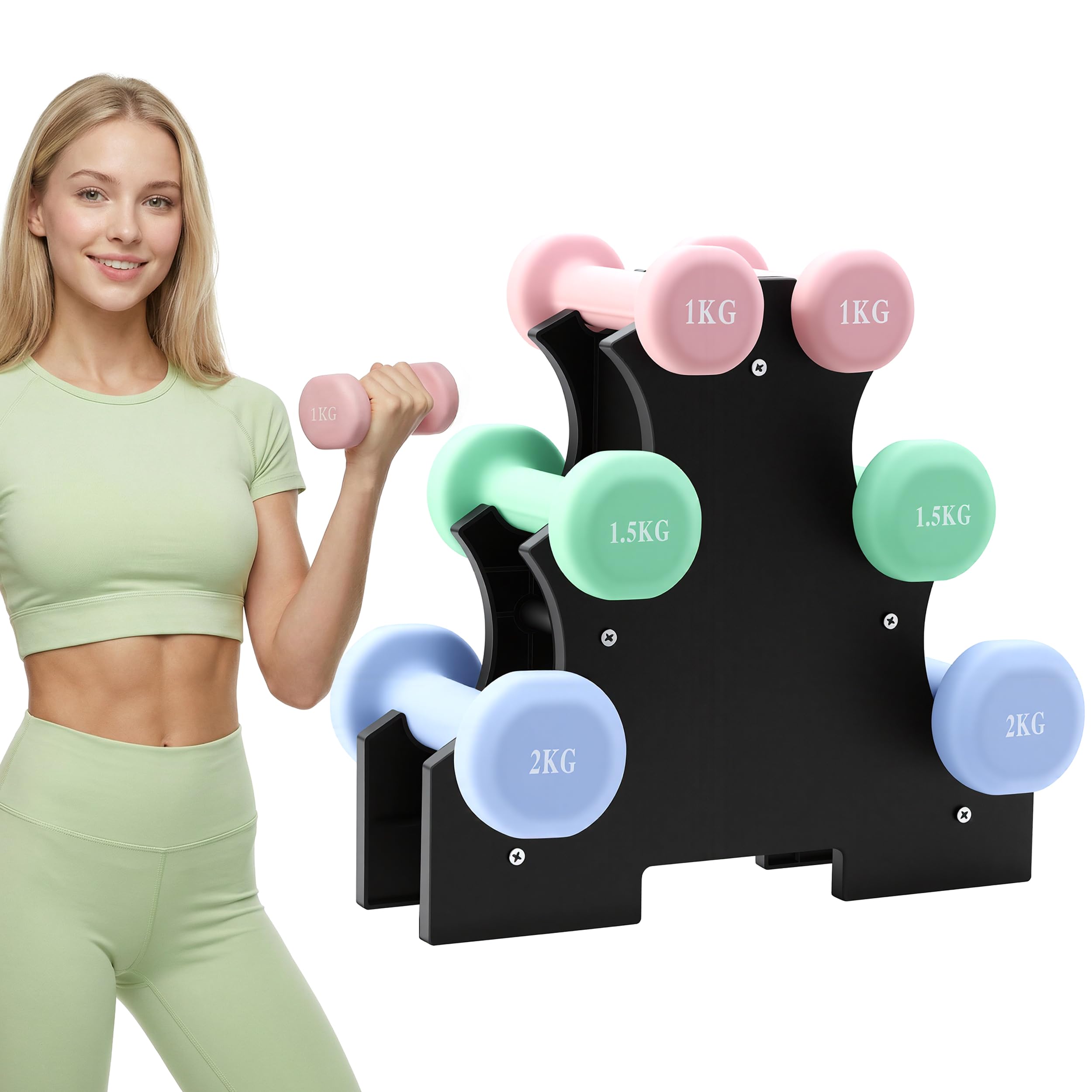TEENO Haltères Néoprène 1kg 1.5kg 2kg avec Support – Set de 6 Haltères Musculation pour Femmes & Hommes, Antidérapants, Fitness à Domicile, Entraînement Bras Épaules