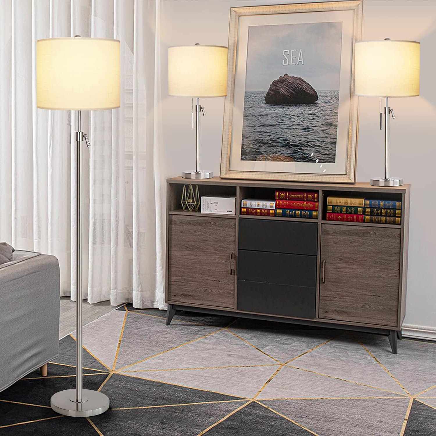 Table Lamps and Floor Lamp Set of 3: Height Adjustable Silver Lamps with White Fabric Lampshade | 3-Way Dimmable Pull Chain Bedside Lamps and Standing Lamp Set, Brushed Nickel (3 LED Bulbs included)