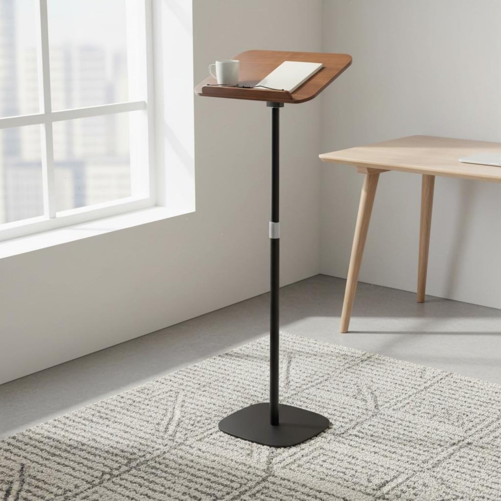 kowaku Atril de Lectura Ajustable Soporte de Libros Atril de Pie Portapartituras Estante de Lectura Combinación Madera y Acero, Soporte De Suelo Elevado, Ajustable De 50 Cm A 1.3 M