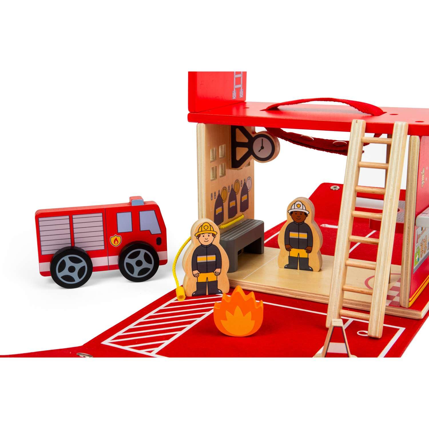 Bigjigs Toys Remiza strażacka w podróży, drewniany zestaw podróżny dla dzieci, filcowa torba do przenoszenia, zestaw do zabawy z drewnianym silnikiem, figurkami strażaków i akcesoriami, prezenty dla
