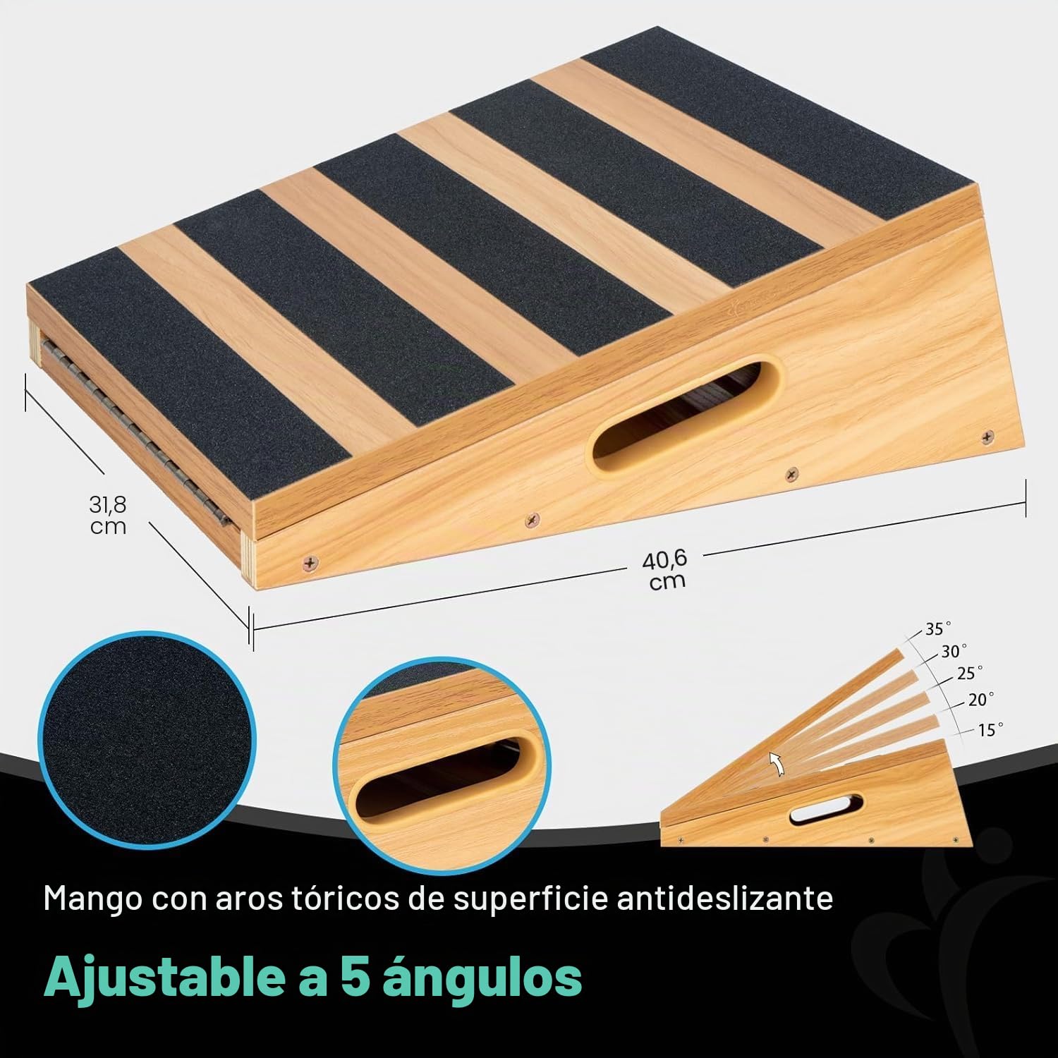 Tabla de madera inclinada profesional de tamaño mediano, tabla de inclinación para estirar las pantorrillas – diseño con asa extra lateral para transportarla fácilmente – 40,6 x 31,7 cm
