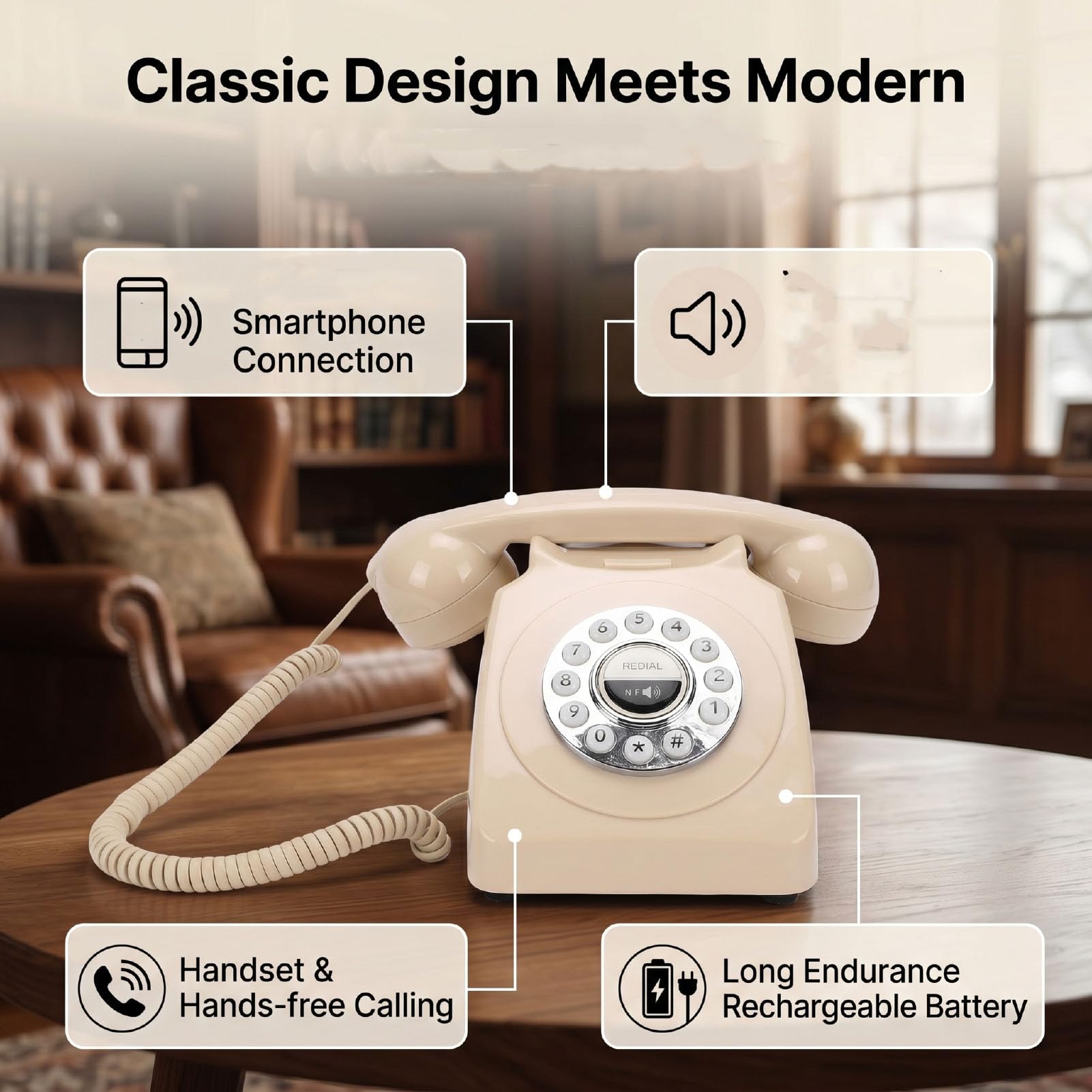 Sxhlseller Teléfono Bluetooth Retro Vintage, Teléfono Fijo Inalámbrico con Altavoz Bluetooth para Conexión de Inteligente en Casa y Oficina