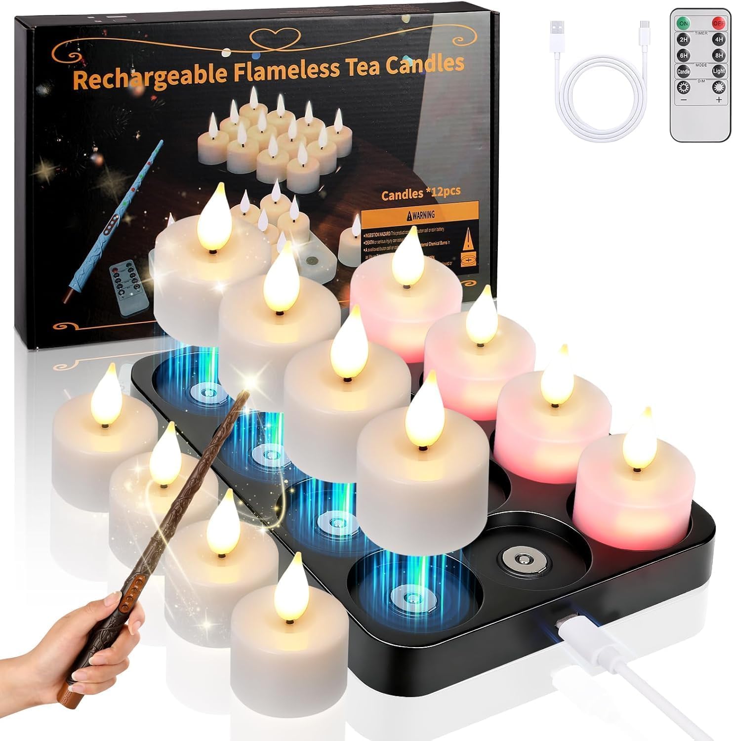 led teelichter Flammenlose kerzen aufladbar mit Zauberstab fernbedienung timer,12pcs aufladbare teelichter mit ladestation für Zimmer Wohnzimmer Halloween Kürbis Weihnachten Party Deko