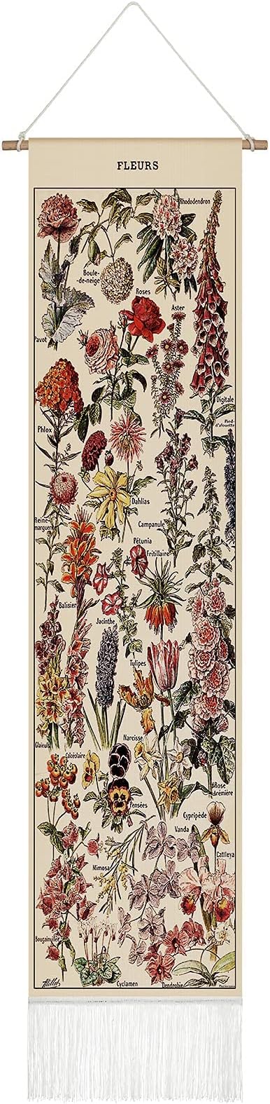 SYOSI Vintage Flower Tapestry 52 x 13in, Long Tapestry Vertical Wall Hanging Reference Illustrative Botanical Tassel Tapestry for Bedroom Living Room Home Decoration