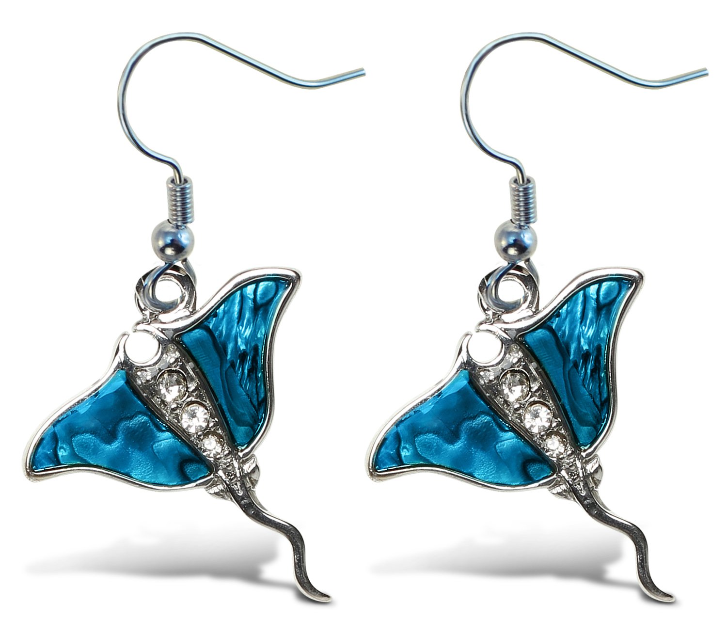 PuzzledBlue & Silver Manta Ray Dangle Post Fish Hook Drop Earrings, 1.35 Inch Fashionable Sparkling Elegant Jewelry with Genuine New Zealand Paua Shell Ear Accessory (2 Pcs)