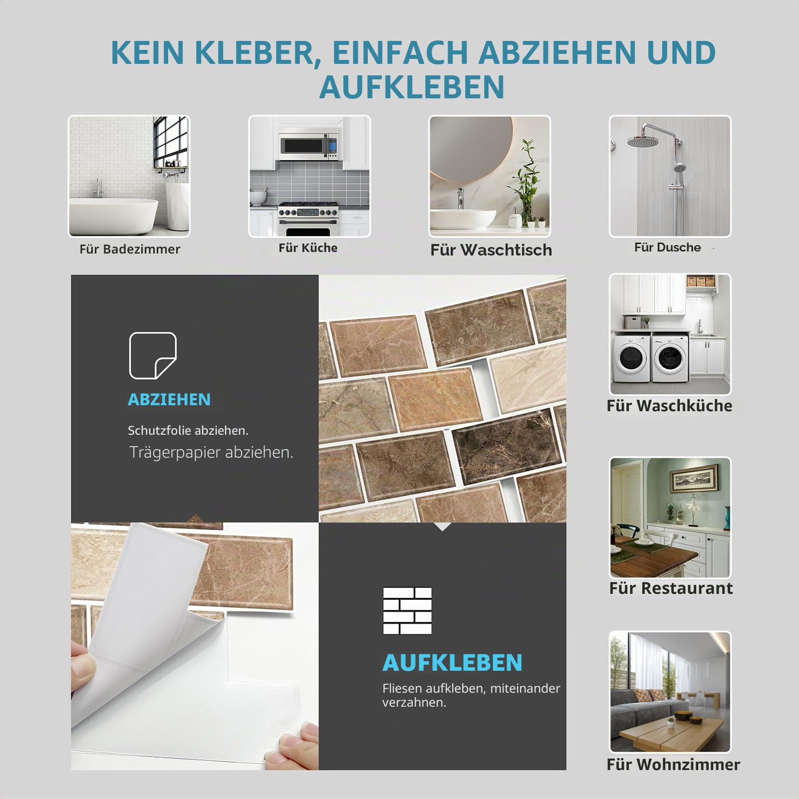 URCOLOR 10 Blatt Wandfliesenaufkleber Selbstklebende Wandfliesen für Küche Badezimmer 30x30 cm Spritzschutz Braun