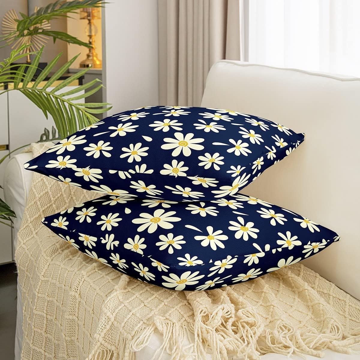 Manfei White Daisy Pillow Covers 24X24 Inch Yellow Graffiti Spiral Pattern Cushion Case for Office Bedroom Rustic Plant Dark Blue Square Pillow Cases for Sofa Couch Reversible Print