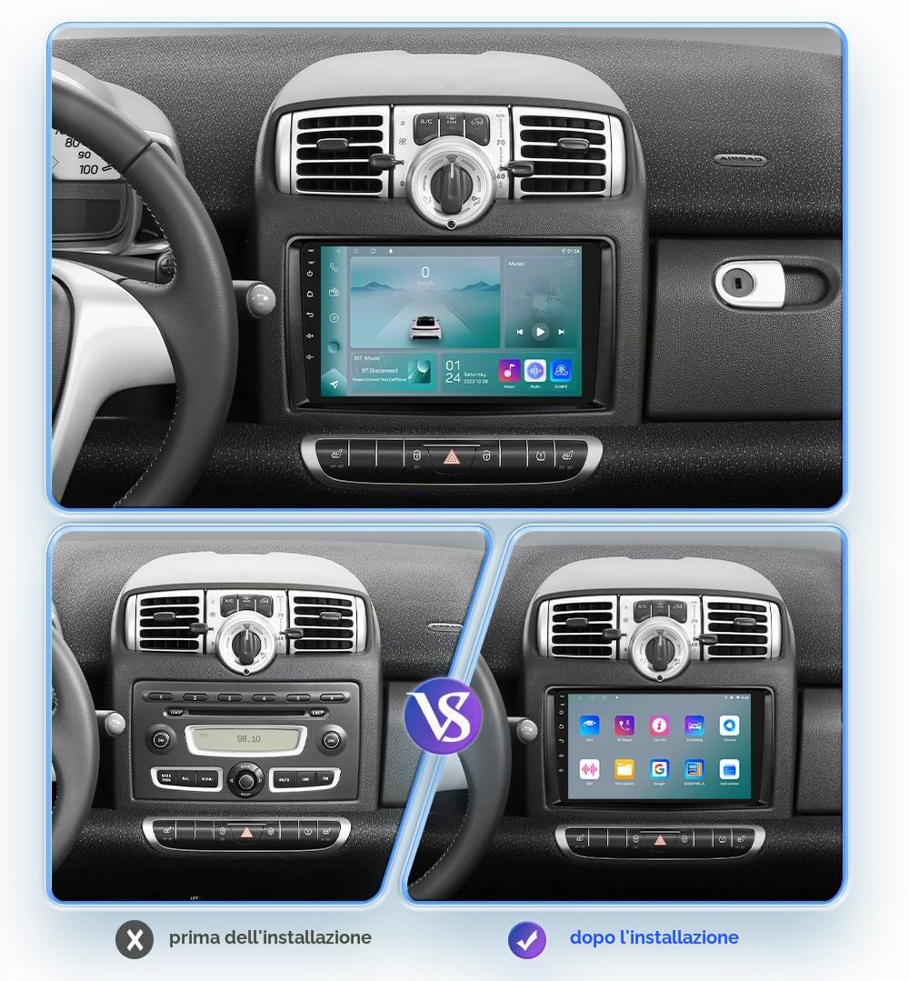 Autoradio Android 14 9 Pollici per Smart fortwo 451 2005 2006 2007 2008 2009 2010, compatibile con Carplay/Android Auto Wireless, Comandi al Volante, Wi-Fi/4G, FM 4 core 2 GB e 64 GB