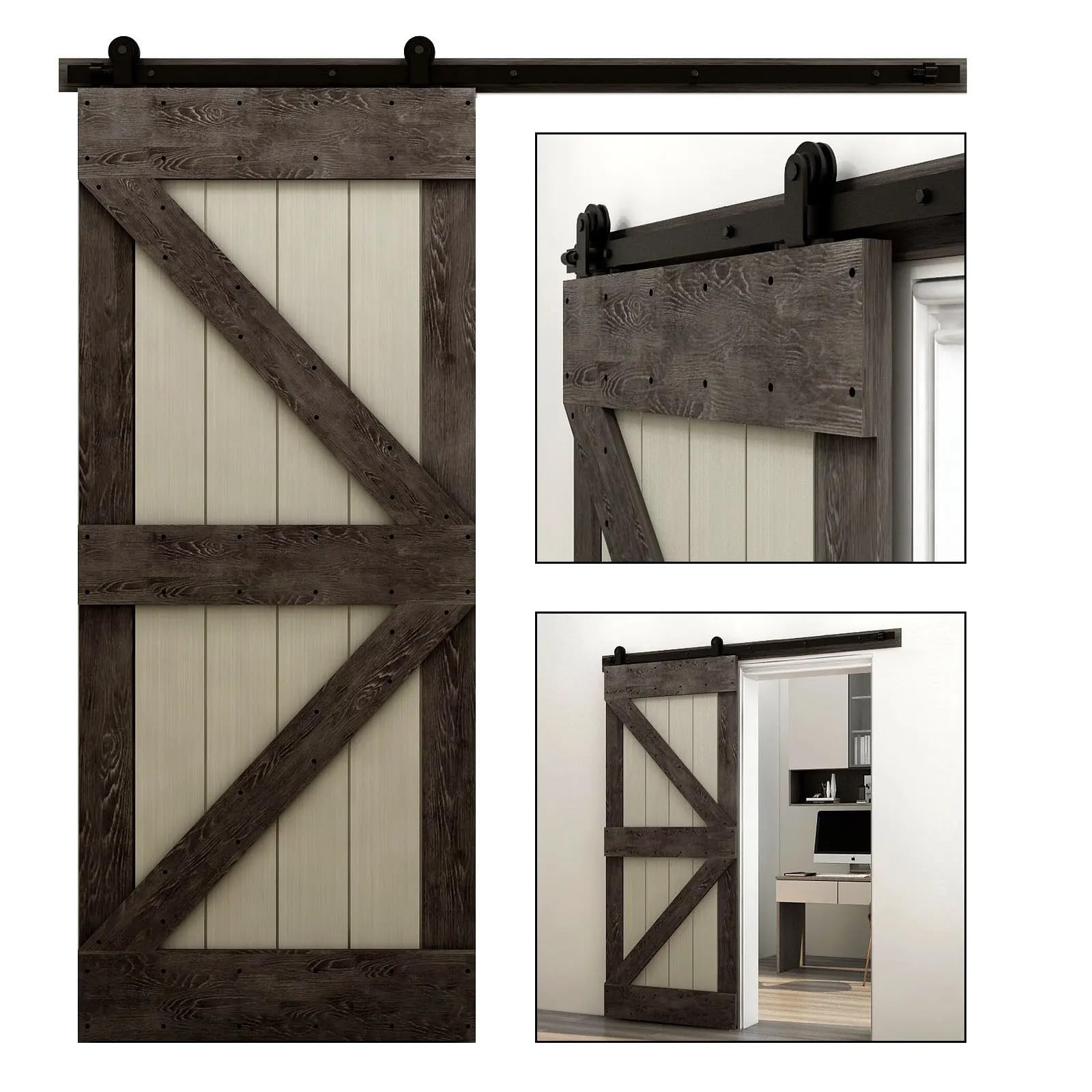 Barn Door Sliding Kit, Sliding Barn Door Hardware Kit 122cm-610cm Rail System Industrial Track T Style Roller Hanger for Single Wood 4-13FT(203cm 6.6FT Rail kit)