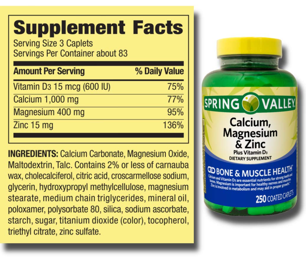 Calcium Magnesium & Zinc Plus Vitamin D3 Coated Caplets 250 Caplets