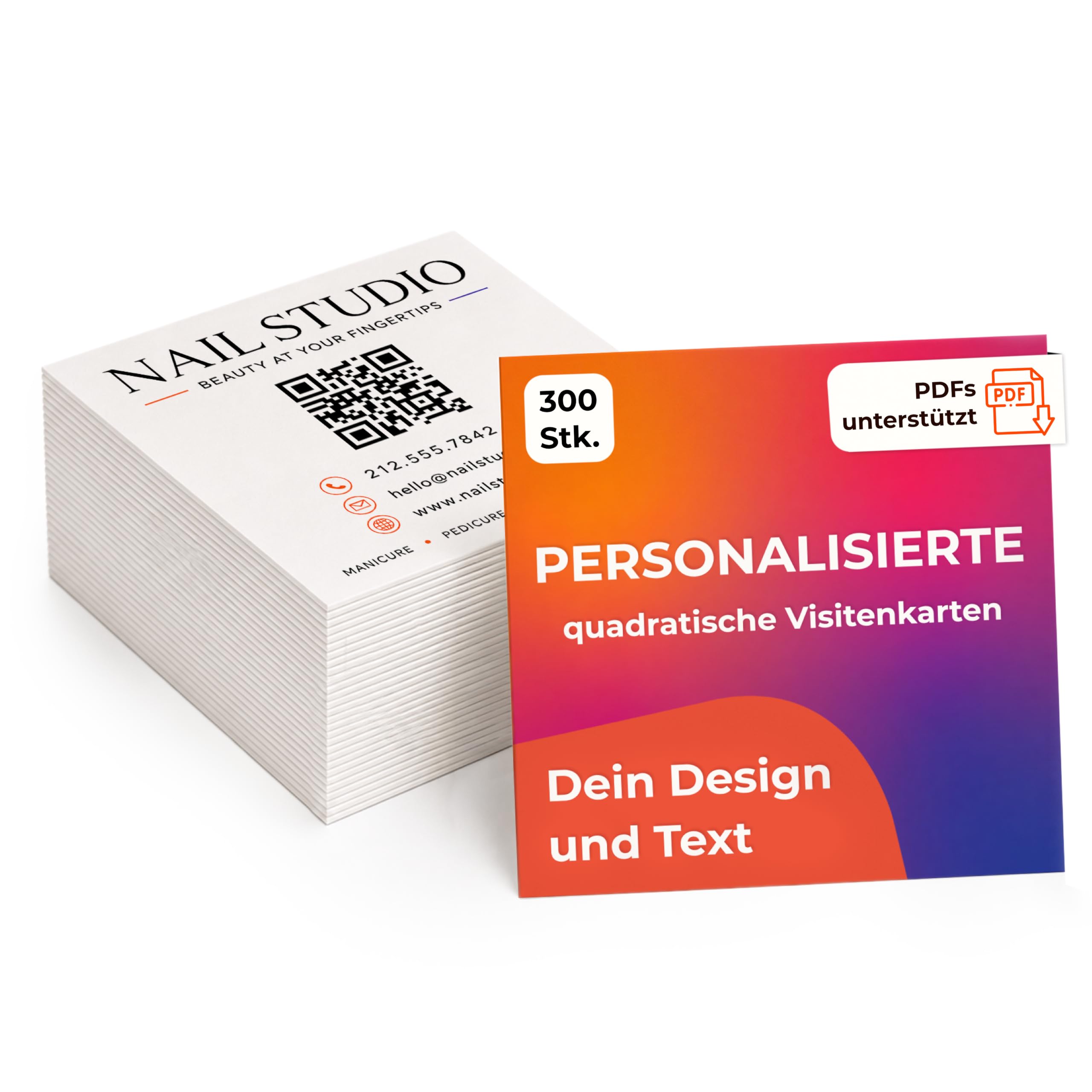 Personalisierte Visitenkarten mit Logo oder Text, 65 × 65 mm, 300 Stück | 324 g/m² Premiumkarton, beidseitiger Druck, mattes Finish, ideal für Networking, Markenauftritte und Produktanhänger