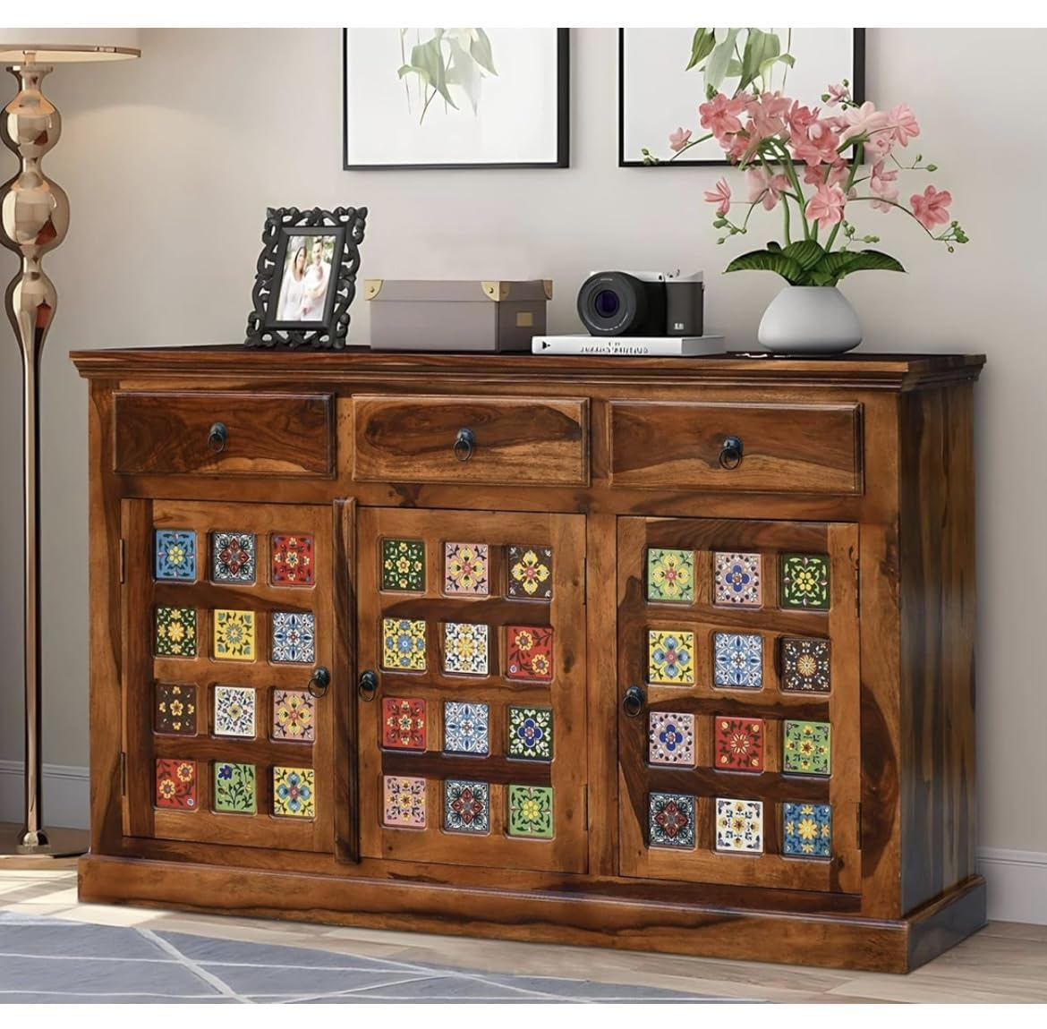 Wooden Theori Solid Sheesham Wood Sideboard Tv Cabinet for Living Room | Free Standing Movable Tv Unit Side Board Table with 3 Drawer & 2 Cabinet Storage Furniture for Home | Honey Finish-image-44
