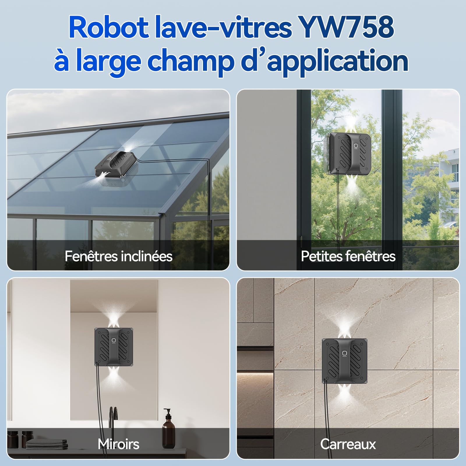 Robot de nettoyage de fenêtres avec 6 buses d'eau, 8000 Pa Robot de nettoyage des fenêtres avec différents modes de nettoyage, commutateur de langue annoncée, manipulation facile pour fenêtres