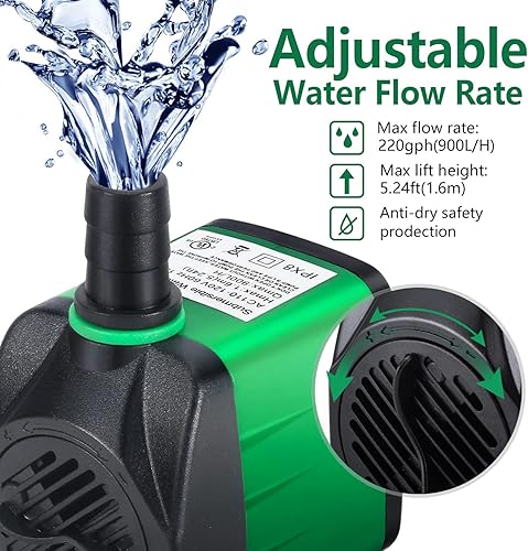 Miniatura 4 de Bomba de fuente, bomba de fuente de agua de 220 GPH (15 W 900 LH), bomba sumergible para fuente al aire libre con tubo de 6.5 pies (ID x 13