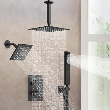 Bathroom Thermostatic Rainfall Shower System Aposhion Ceiling Mounted Shower Faucet Set - 12" & 6" Dual Rain Shower Heads with Handheld Sprayer Include Anti-Scalding Valve, Matte Black
